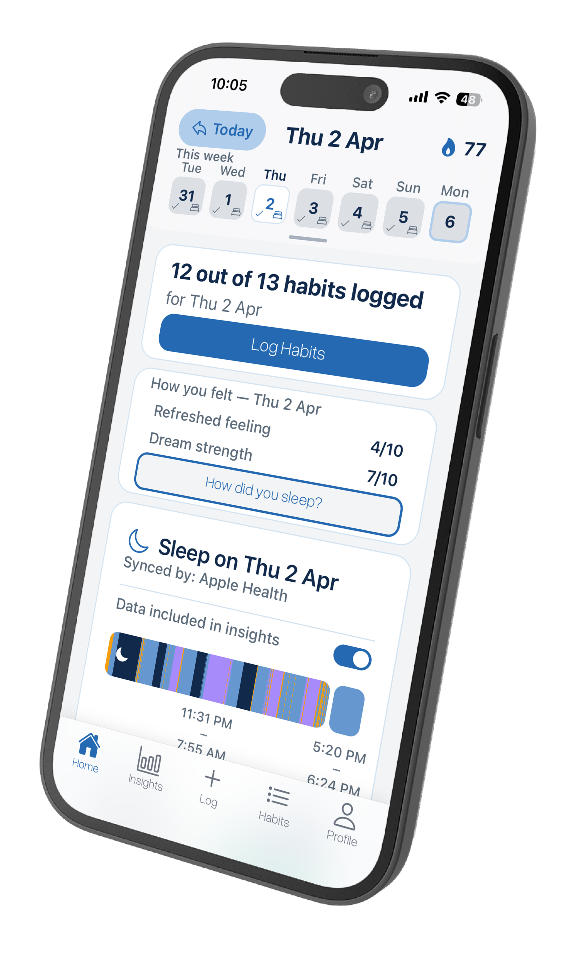 SleepFactor app on a phone showing your sleep score and home screen