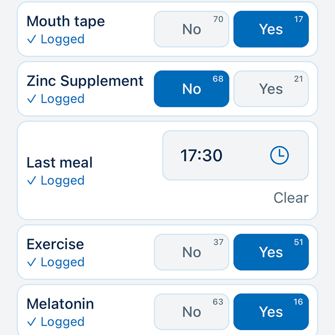SleepFactor habit logging screen with quick toggles for supplements and routines